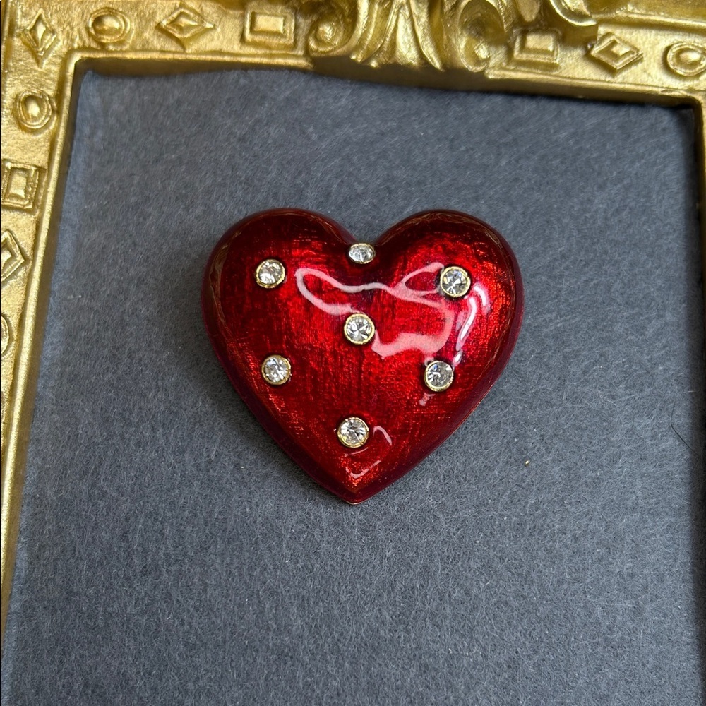Puffy Red Enamel Heart Brooch with Rhinestones